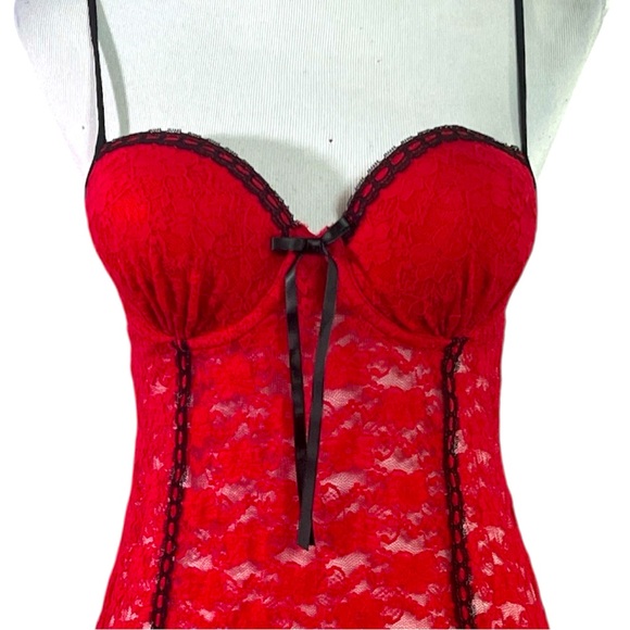 Vintage Linea Donatella sexy red & black lace padded babydoll chemise dress MED - Picture 2 of 6
